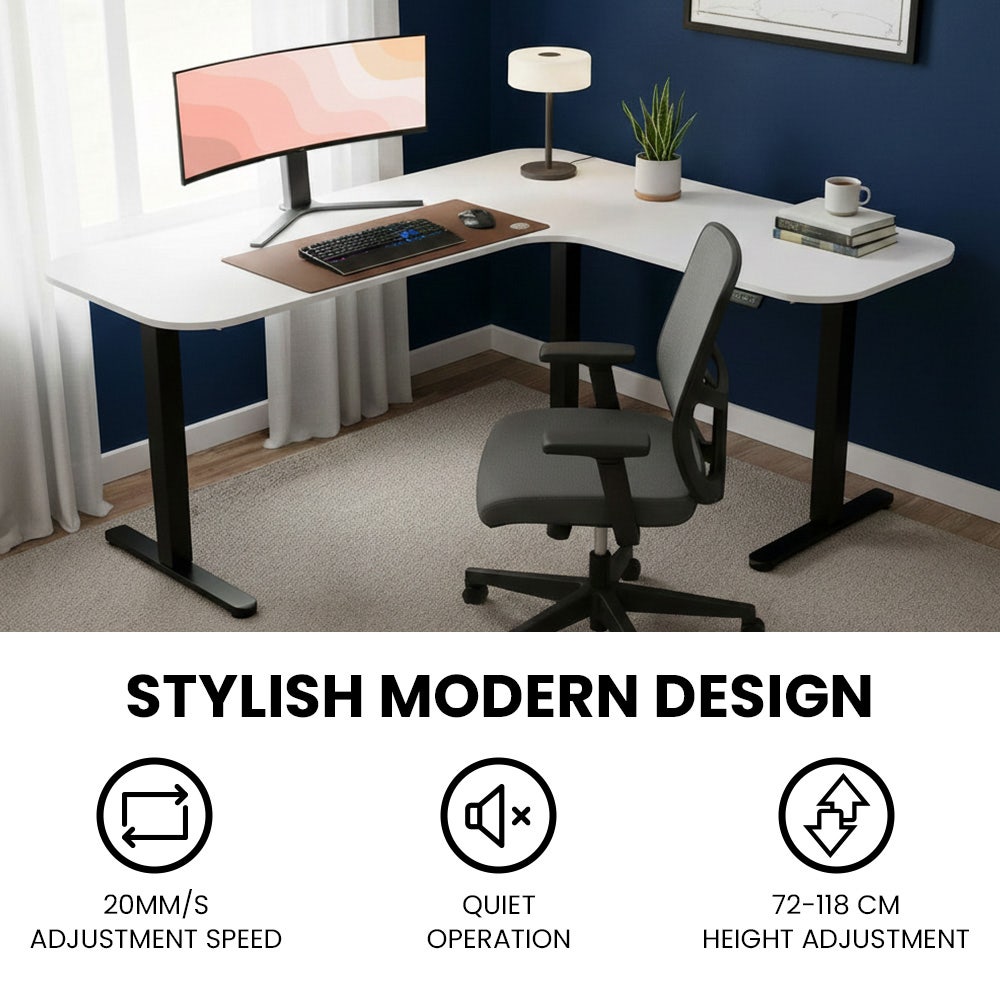 FORTIA Corner Standing Desk, 160x140cm, 72-118cm Sit to Stand Up Electric Height Adjustable, White Desktop/Black Frame