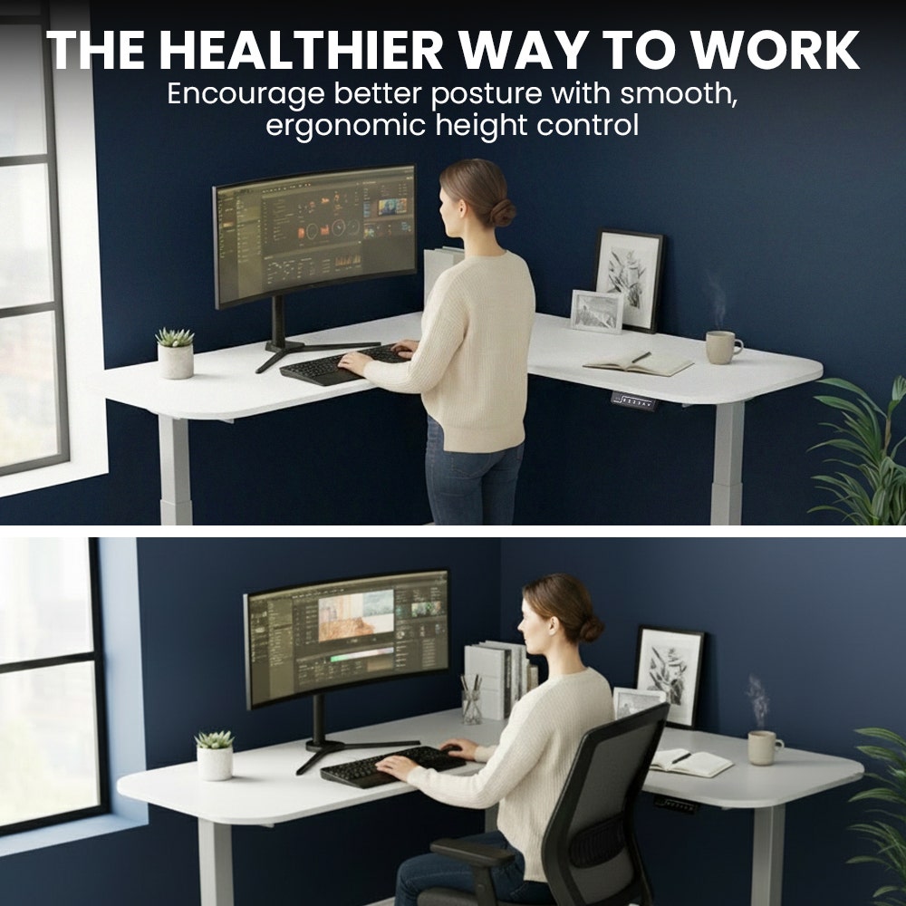 FORTIA Corner Standing Desk, 160x140cm, 72-118cm Sit to Stand Up Electric Height Adjustable, White Desktop/Silver Frame