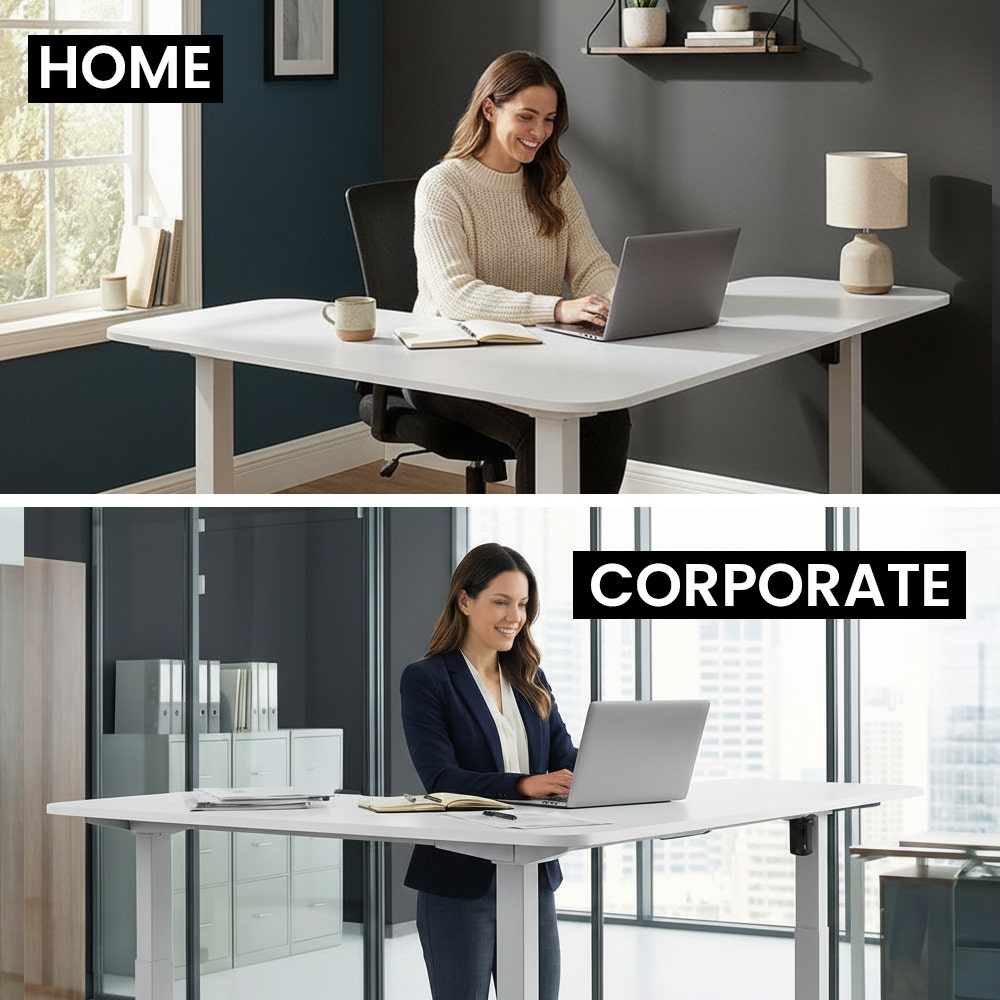 FORTIA Corner Standing Desk, 160x140cm, 72-118cm Sit to Stand Up Electric Height Adjustable, White Desktop/Silver Frame