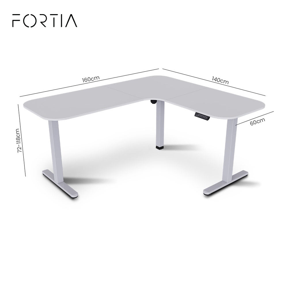 FORTIA Corner Standing Desk, 160x140cm, 72-118cm Sit to Stand Up Electric Height Adjustable, White Desktop/Silver Frame