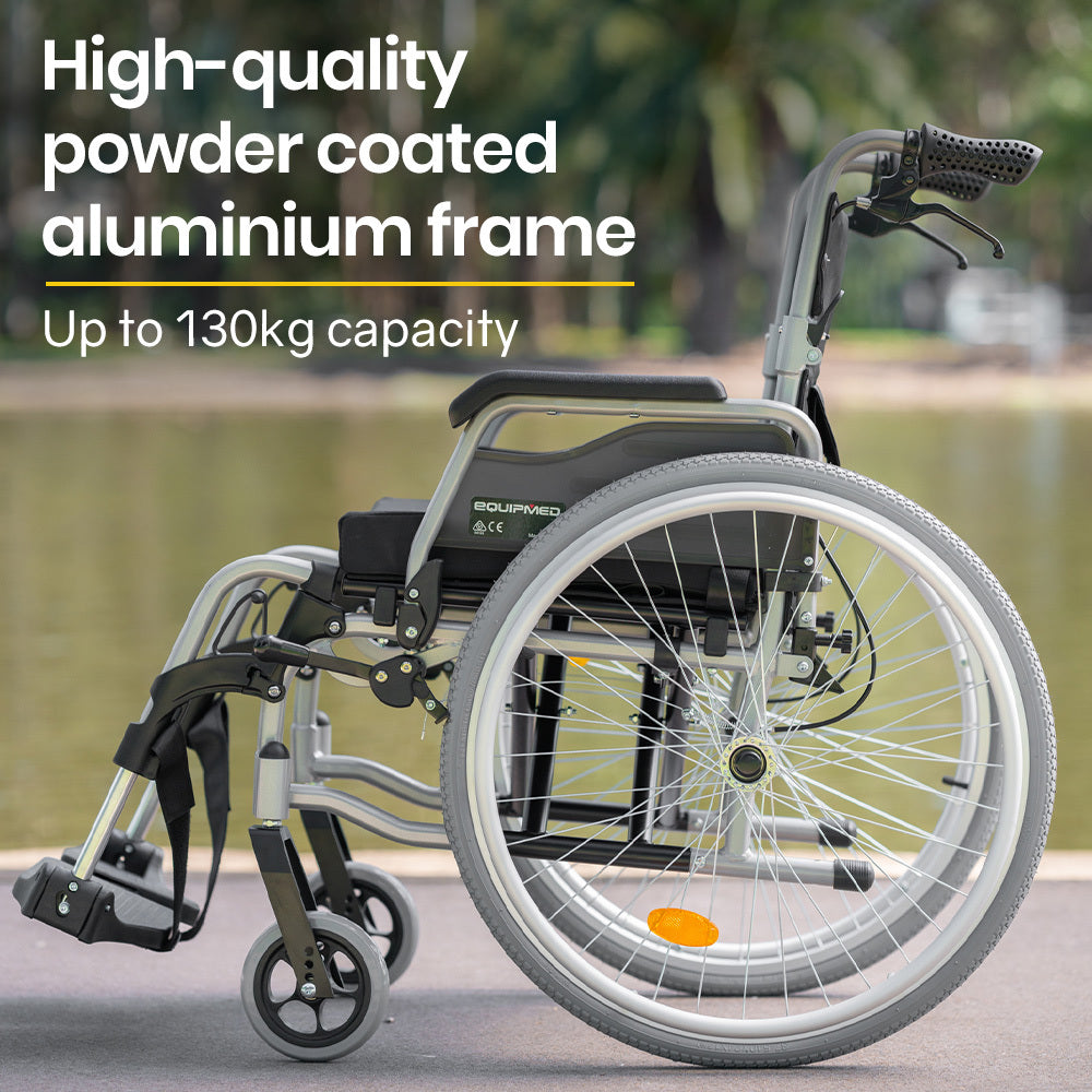 EQUIPMED 24 Inch Portable Folding Wheelchair 24 Mobility Wheel Chair Alloy, Senior Elderly Aid
