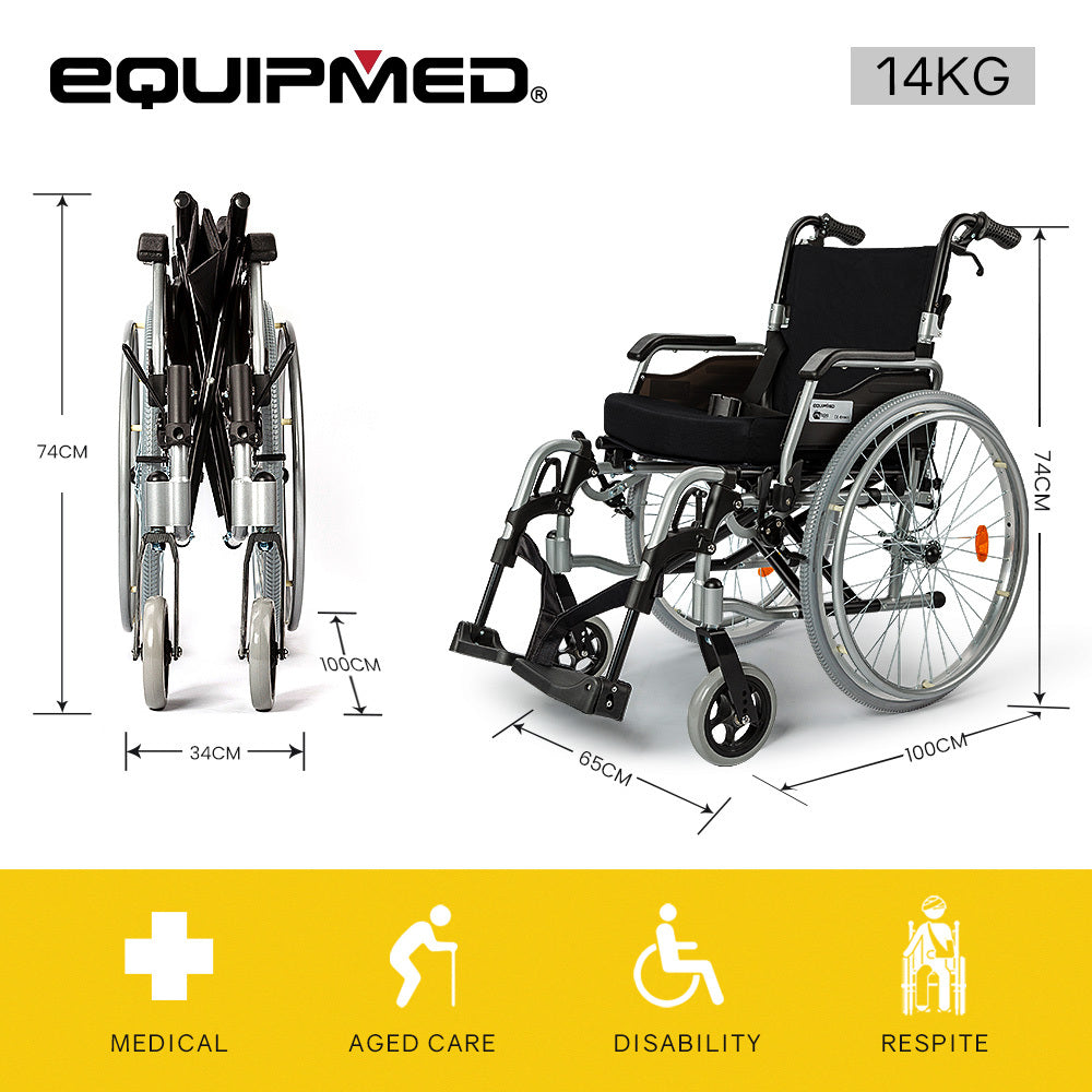 EQUIPMED 24 Inch Portable Folding Wheelchair 24 Mobility Wheel Chair Alloy, Senior Elderly Aid