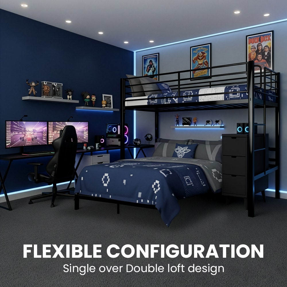 KINGSTON SLUMBER Metal Single Loft Bed And Double Underbed Frame, Multifunctional, Space Saving with