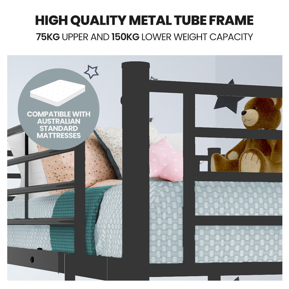 KINGSTON SLUMBER Metal Single over Double Bunk Bed Frame, Dark Matte Grey