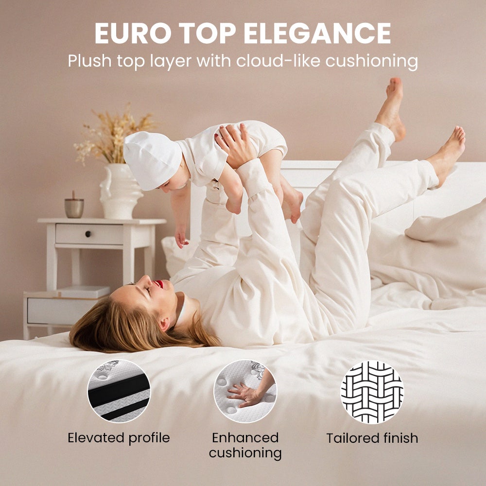 KINGSTON SLUMBER Luxury 34cm King Single Mattress, Medium Firm, Euro Top, 5-Zone Pocket Spring Foam