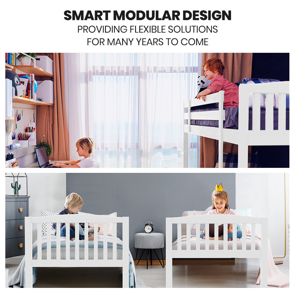 KINGSTON SLUMBER Wooden Kids Bunk Bed Frame, with Modular Design that can convert to 2 Single, White