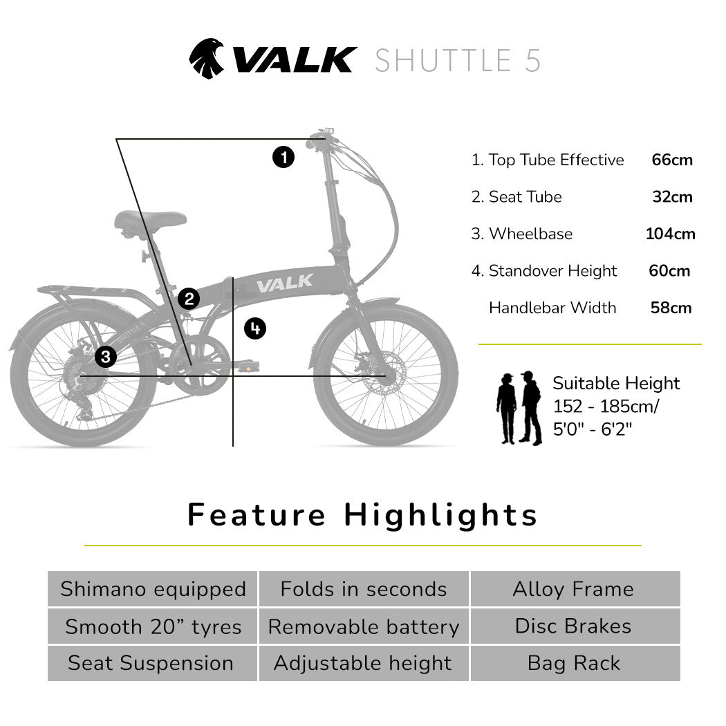 VALK Shuttle 5 Electric Folding Bike, Gen II, 20 Tyres, Shimano 7-Speed, Dark Grey