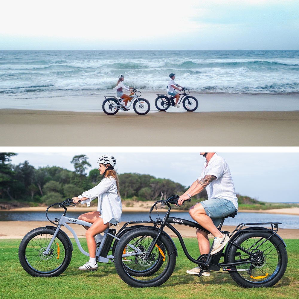 VALK Electric Fat Tyre Cruiser Bike, eBike with Throttle, Tektro Hydraulic Brakes, Blue