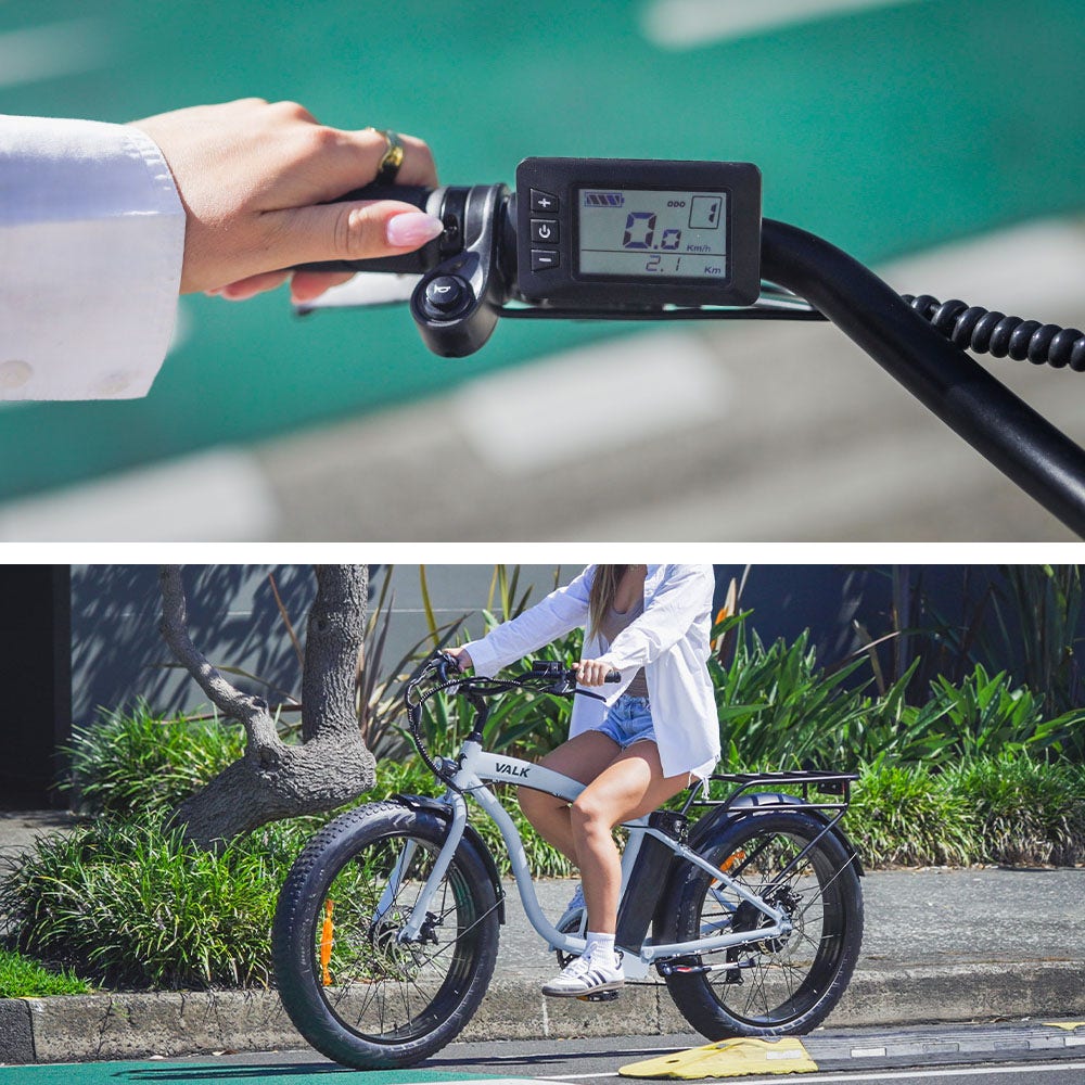 VALK Electric Fat Tyre Cruiser Bike, eBike with Throttle, Tektro Hydraulic Brakes, Blue