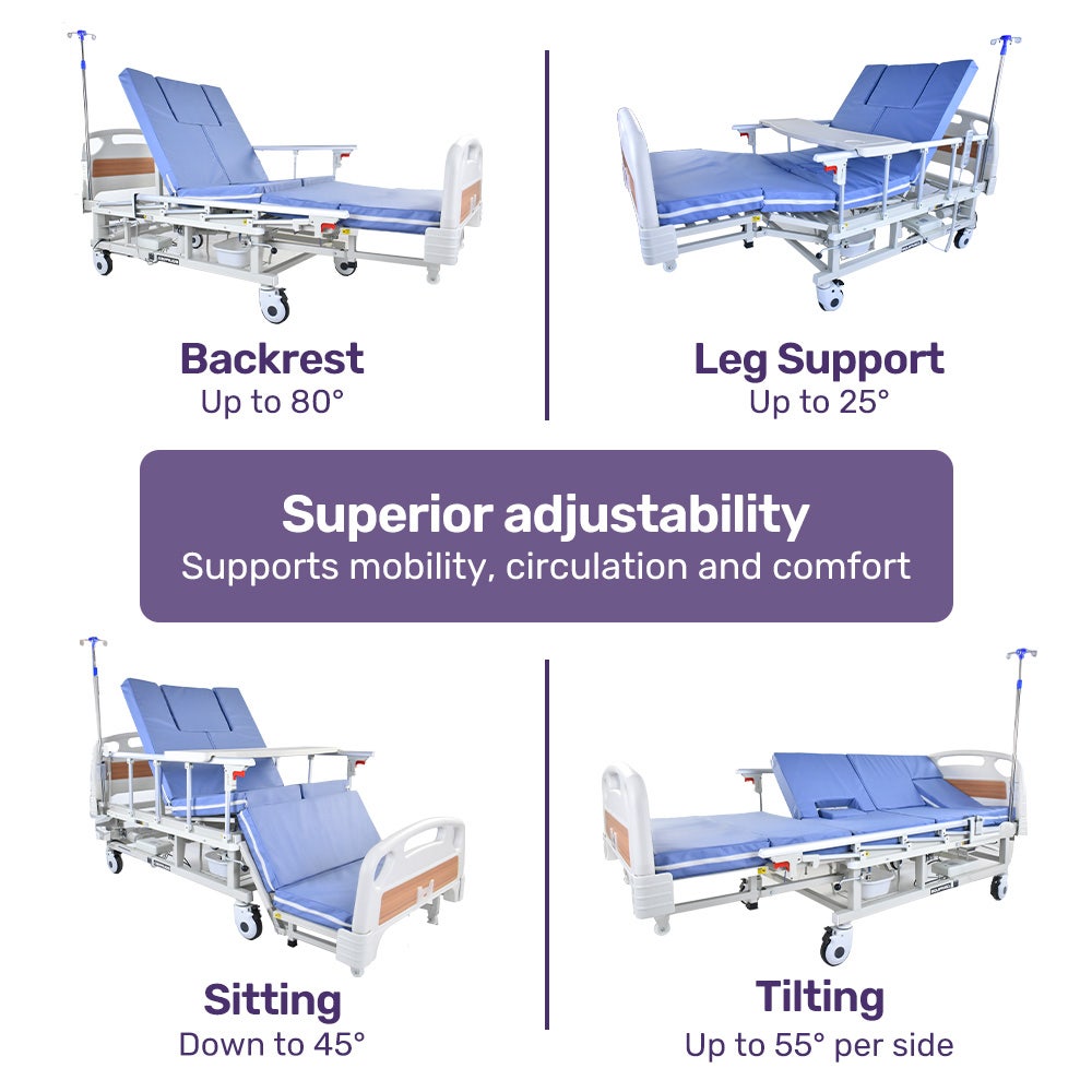EQUIPMED Electric 8 Function Medical Bed , w/ Mattress & Over Bed Table, Adjustable Back and Leg Lifting, Lateral Tilting, Commode Bowl, IV Pole