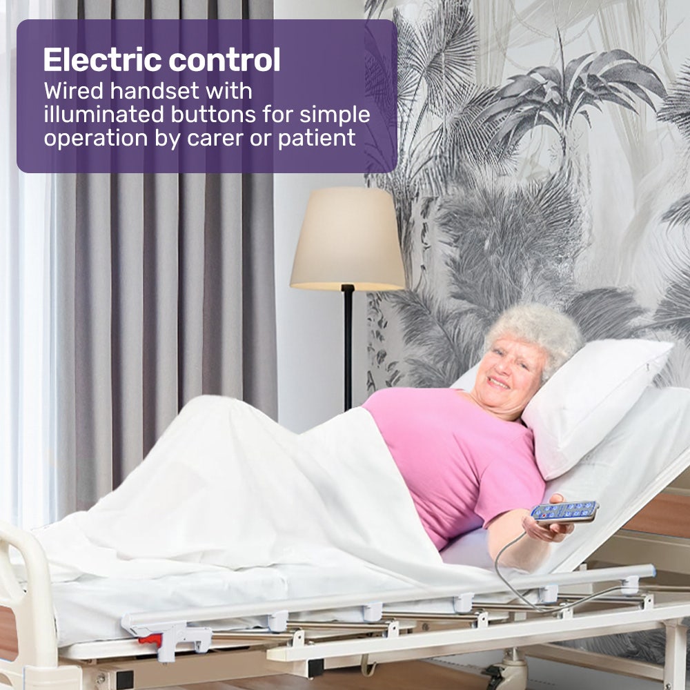 EQUIPMED Electric 8 Function Medical Bed , w/ Mattress & Over Bed Table, Adjustable Back and Leg Lifting, Lateral Tilting, Commode Bowl, IV Pole