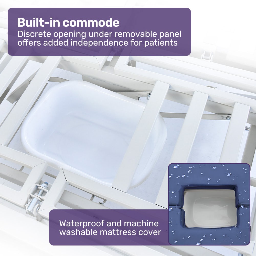 EQUIPMED 7 Function Medical Bed, w/ Mattress & Over Bed Table, Adjustable Back and Leg Lifting, Lateral Tilting, Commode Bowl, IV Pole