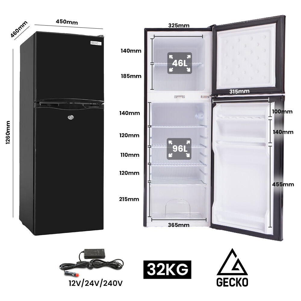 GECKO 142L Upright Portable Fridge / Freezer, 12V/24V for Motorhome and Caravan, Black