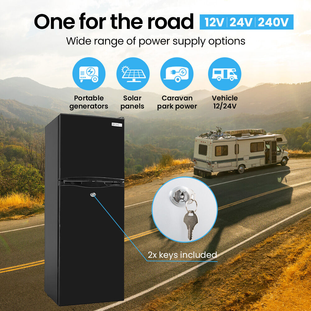 GECKO 142L Upright Portable Fridge / Freezer, 12V/24V for Motorhome and Caravan, Black