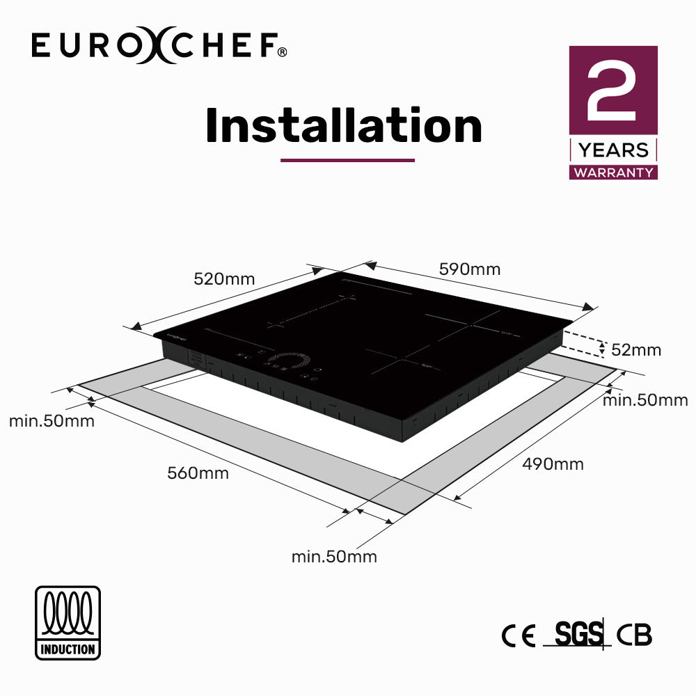 EUROCHEF 60cm 4 Zone Induction Cooktop, 7200W Electric, FlexZone Function, Touch Controls