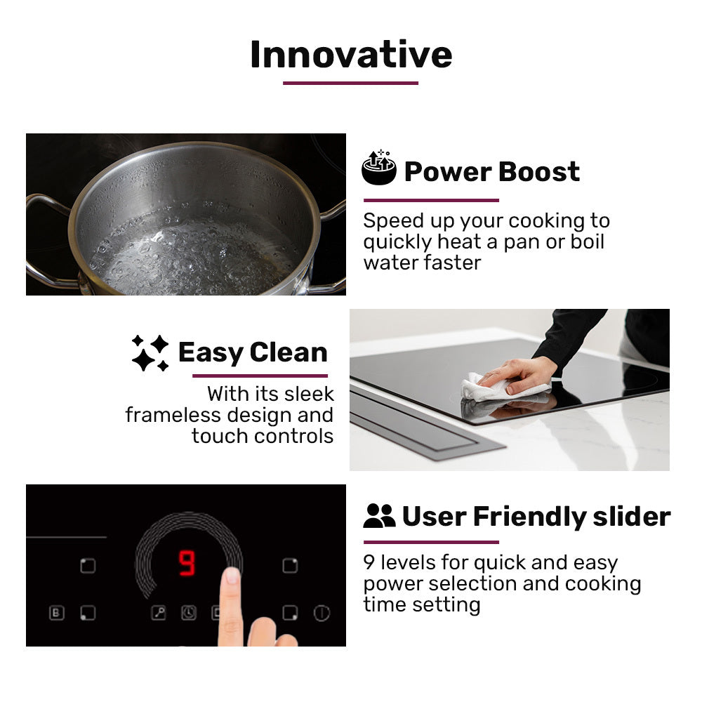 EUROCHEF 60cm 4 Zone Induction Cooktop, 7200W Electric, FlexZone Function, Touch Controls
