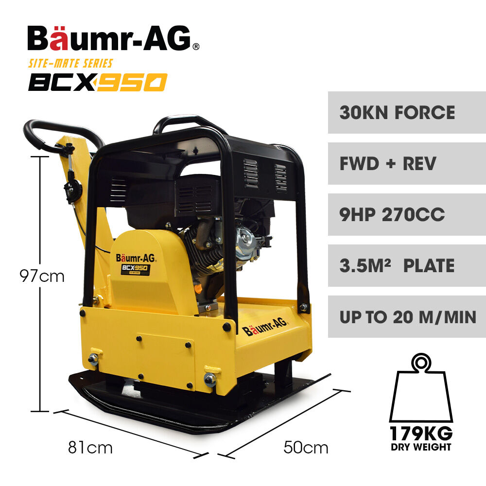 BAUMR-AG 185kg Reversible Vibratory Plate Compactor, Commercial 9HP 270cc, 500x700mm, Wheel Kit, for Sand Soil Gravel Asphalt (BCX-950)