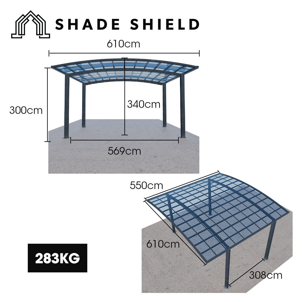 SHADE SHIELD Arched Double Carport 6.0m x 5.5m x 2.98m, Aluminium Alloy Frame, Polycarbonate Roof, Shelter for Car or Outdoor Living