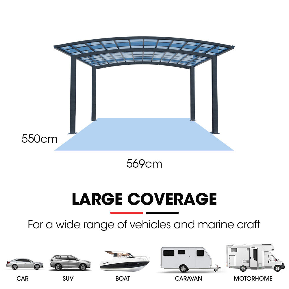 SHADE SHIELD Arched Double Carport 6.0m x 5.5m x 2.98m, Aluminium Alloy Frame, Polycarbonate Roof, Shelter for Car or Outdoor Living