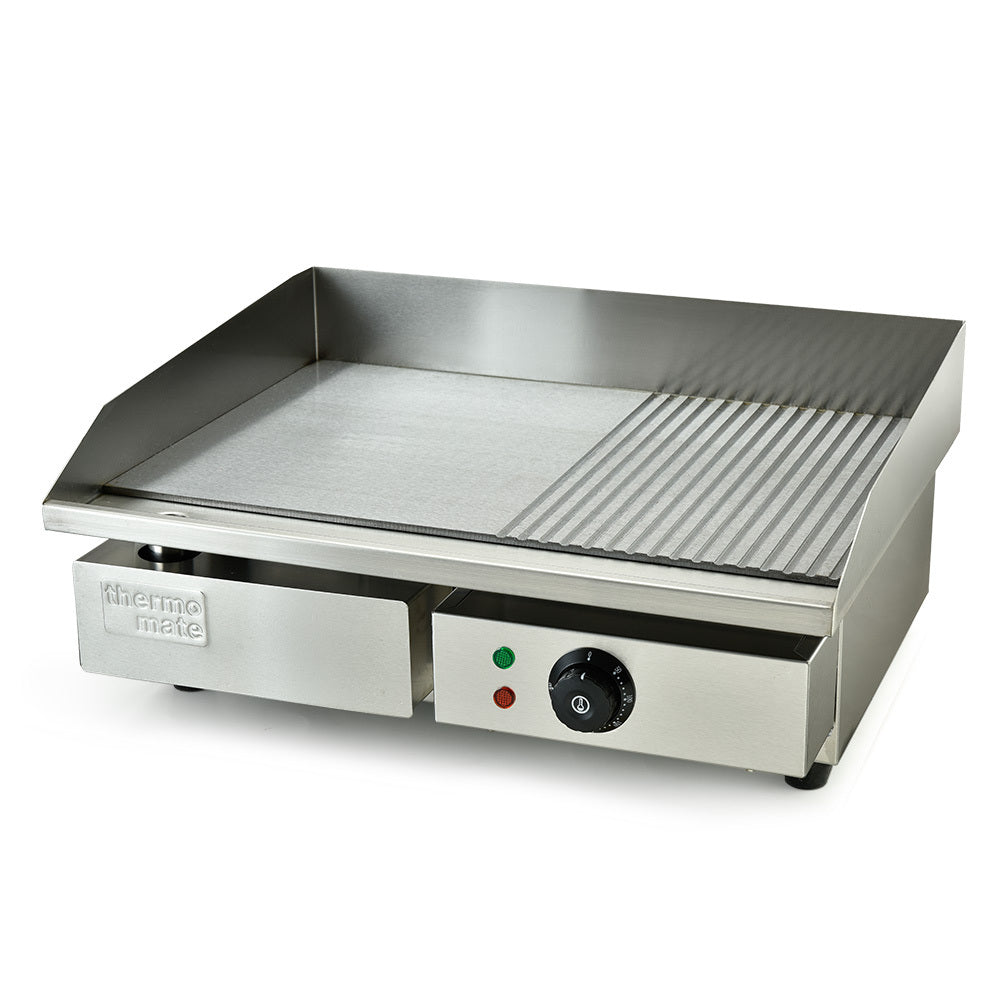 THERMOMATE Commercial Electric Griddle TH-G04, 2400W 55x35cm Half Ribbed Surface