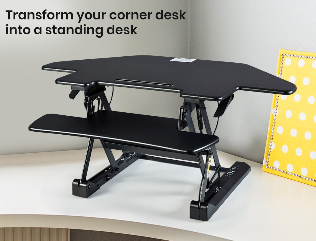 Fortia Corner Desk Riser 110cm Wide Adjustable Sit to Stand for Dual Monitor Keyboard Laptop Black