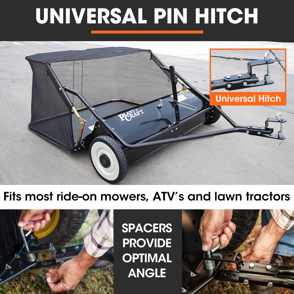 PLANTCRAFT Lawn Sweeper 38' Wide, Tow Behind Leaf and Grass Clipping Collector, Universal Hitch for Ride on Mower, Garden Tractor