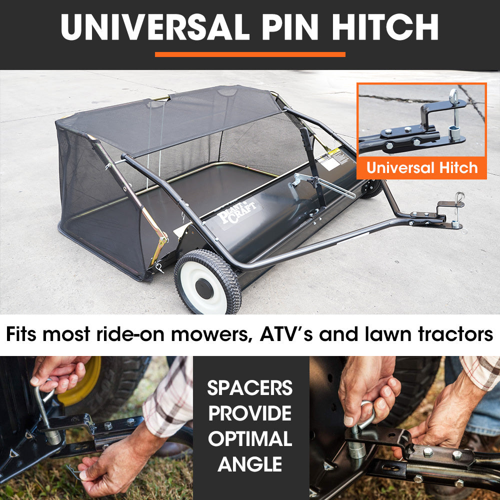 PLANTCRAFT Lawn Sweeper 48' Wide, Tow Behind Leaf and Grass Clipping Collector, Universal Hitch for Ride on Mower, Garden Tractor