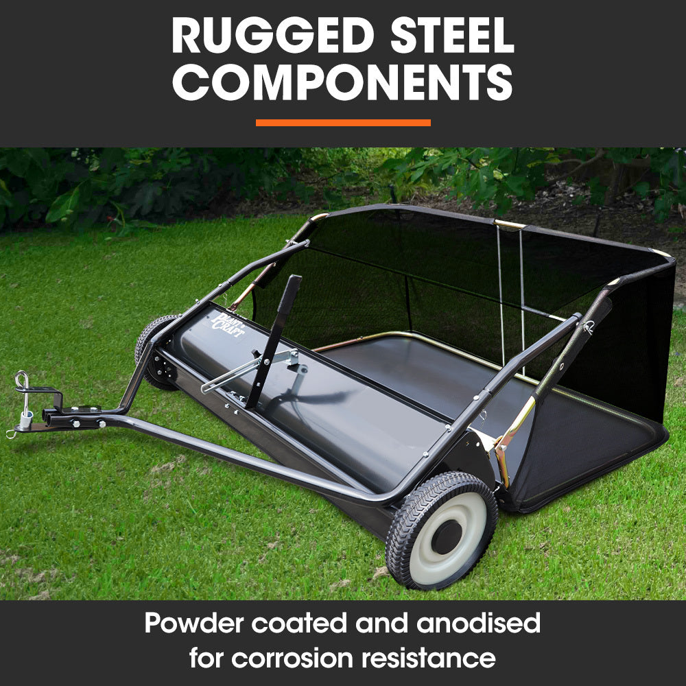 PLANTCRAFT Lawn Sweeper 48' Wide, Tow Behind Leaf and Grass Clipping Collector, Universal Hitch for Ride on Mower, Garden Tractor