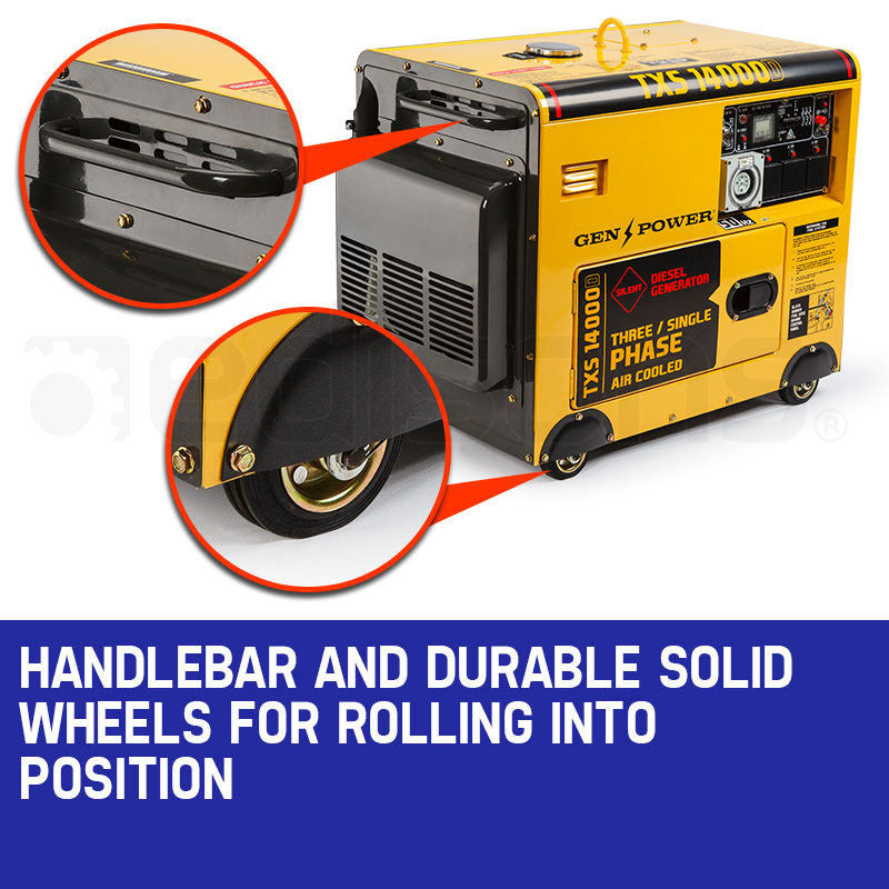 GENPOWER 7kW Peak 5kW Rated Commercial Diesel Generator, Electric Key Start, 1 x 20A 415V 3 Phase, 3 x 15A 240V