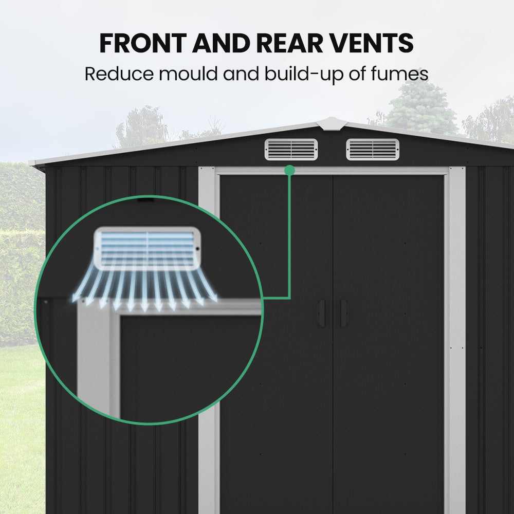 PlantCraft Galvanised Steel Garden Shed 2.58 x 3.13 x 2.02m, with 2 Sliding Doors, 4 Air Vents, Gable Roof, Floor Frame