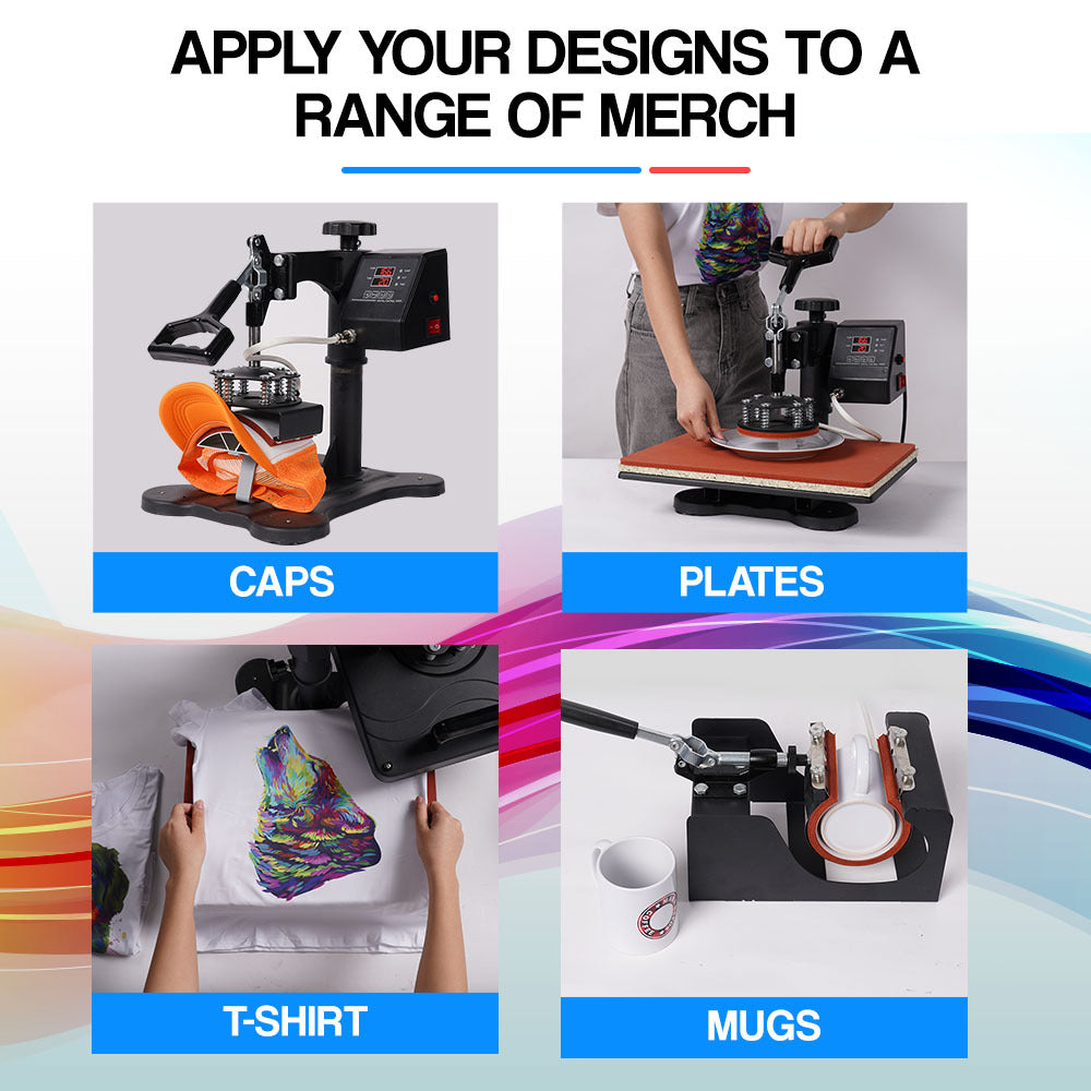 THERMOMATE 38x29cm 5in1 Swing Away Heat Press Machine, Includes T-Shirt, Mug, Cap, Plate Presses