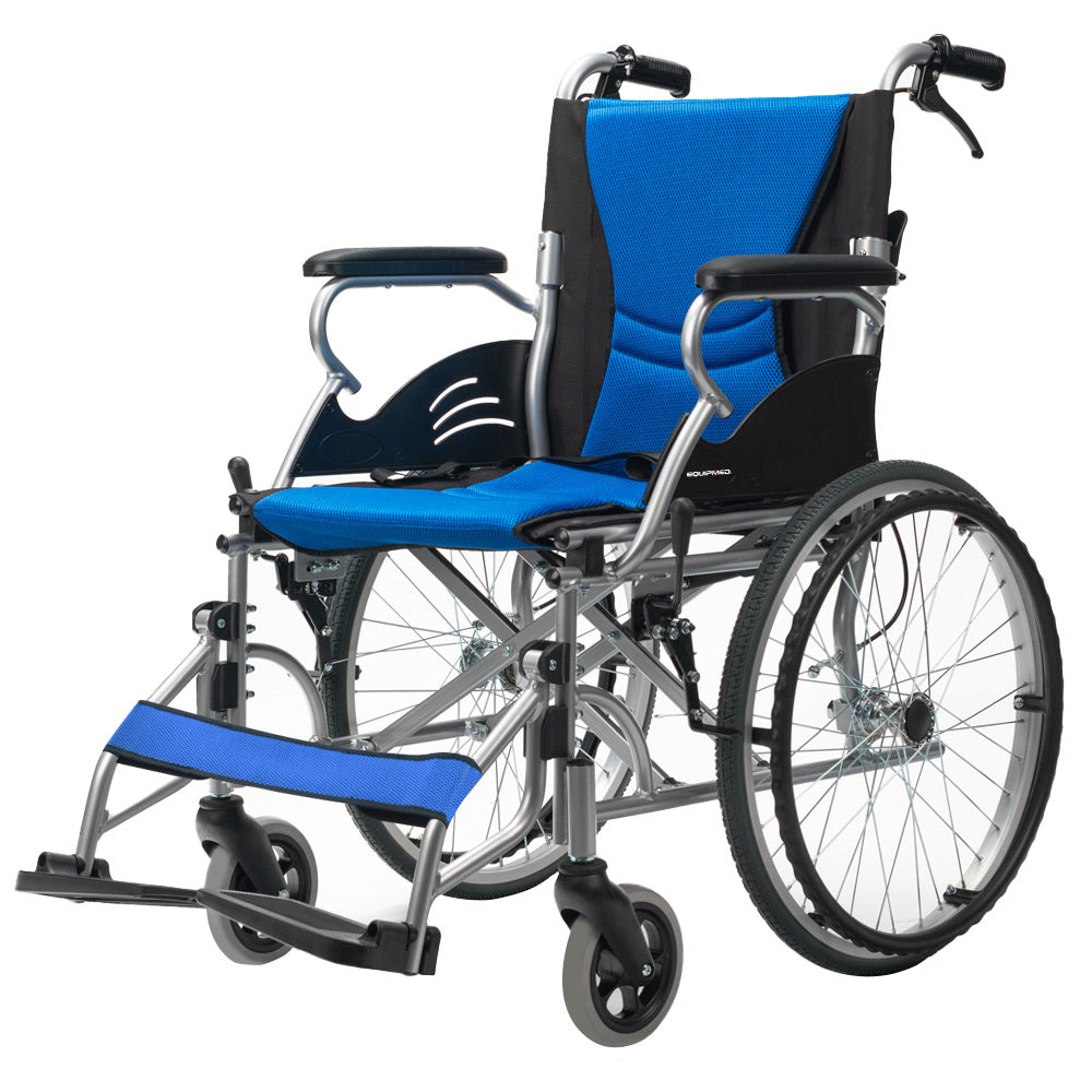 EQUIPMED Folding Aluminium Wheelchair, 20 Wheels, Park Brakes, 100kg Capacity, Blue
