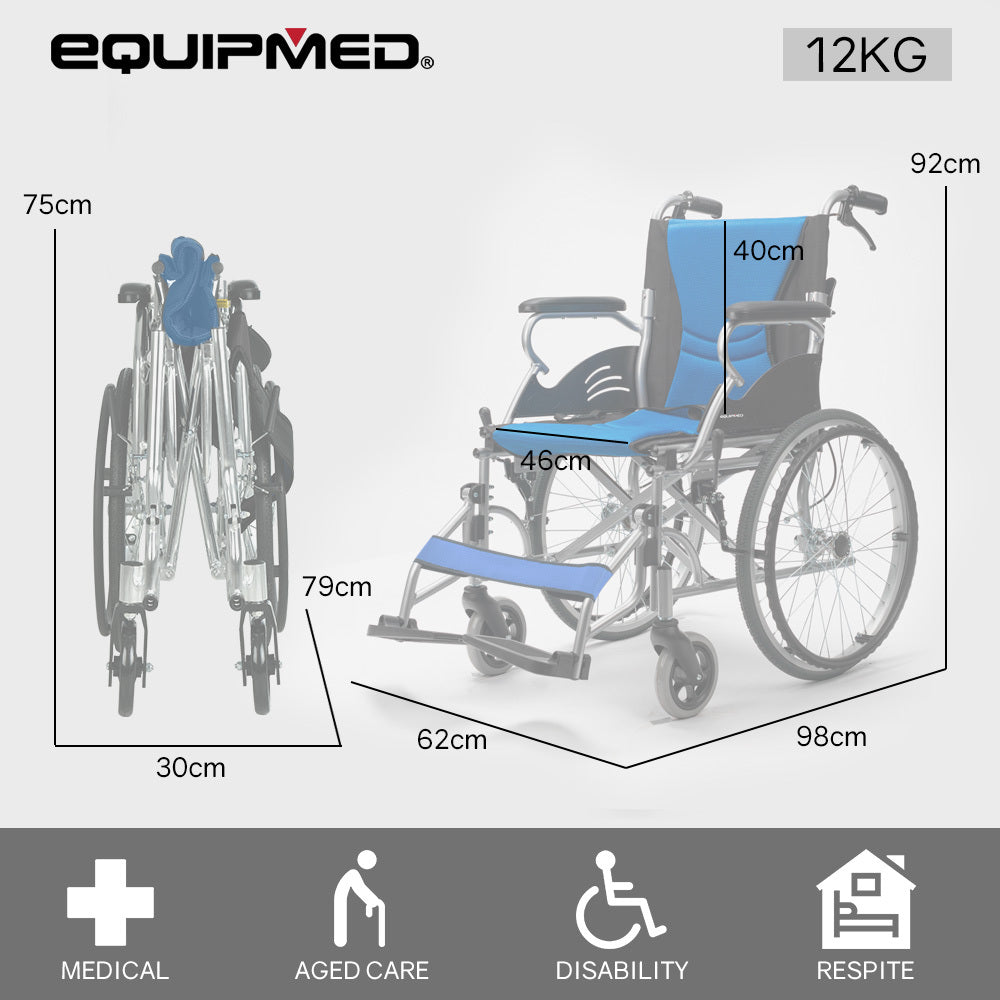 EQUIPMED Folding Aluminium Wheelchair, 20 Wheels, Park Brakes, 100kg Capacity, Blue