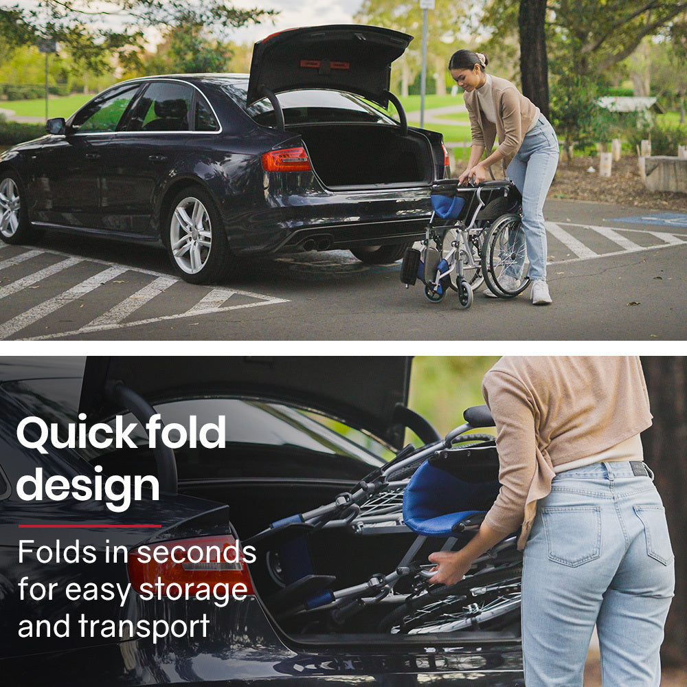 EQUIPMED Folding Aluminium Wheelchair, 20 Wheels, Park Brakes, 100kg Capacity, Blue