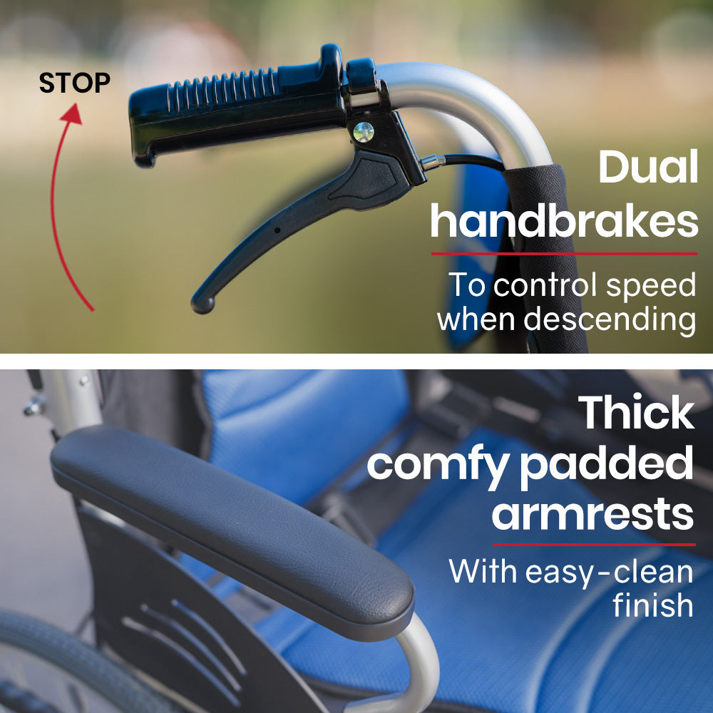 EQUIPMED Folding Aluminium Wheelchair, 20 Wheels, Park Brakes, 100kg Capacity, Blue