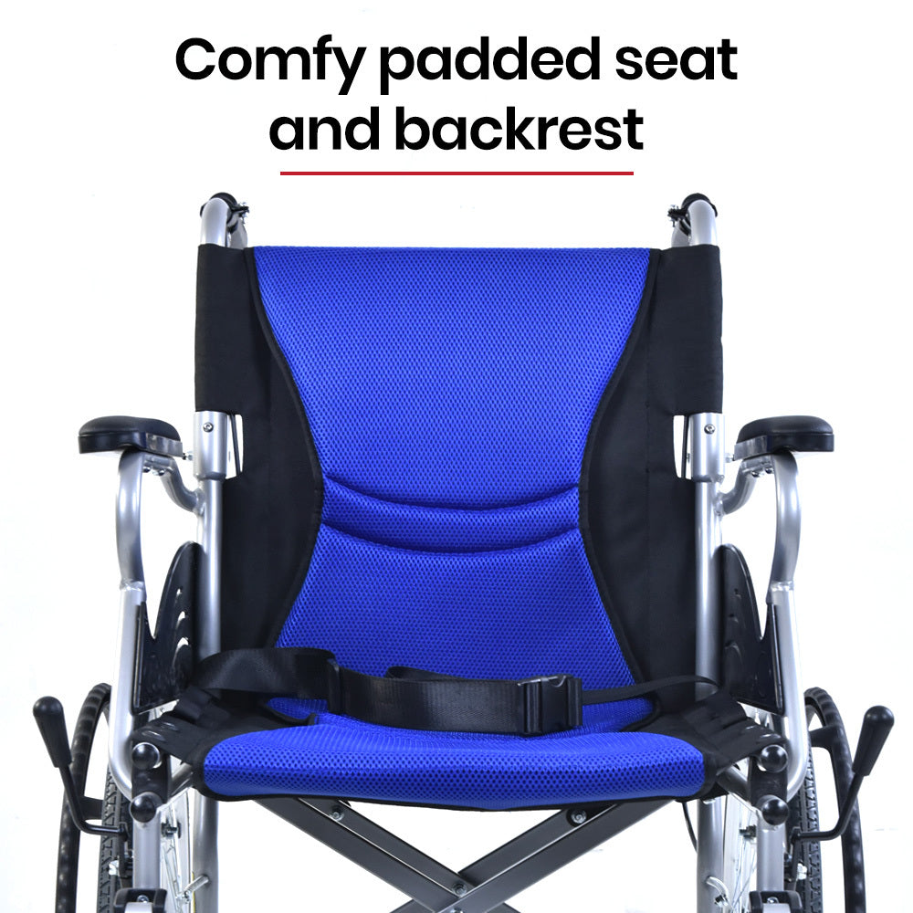 EQUIPMED Folding Aluminium Wheelchair, 20 Wheels, Park Brakes, 100kg Capacity, Blue