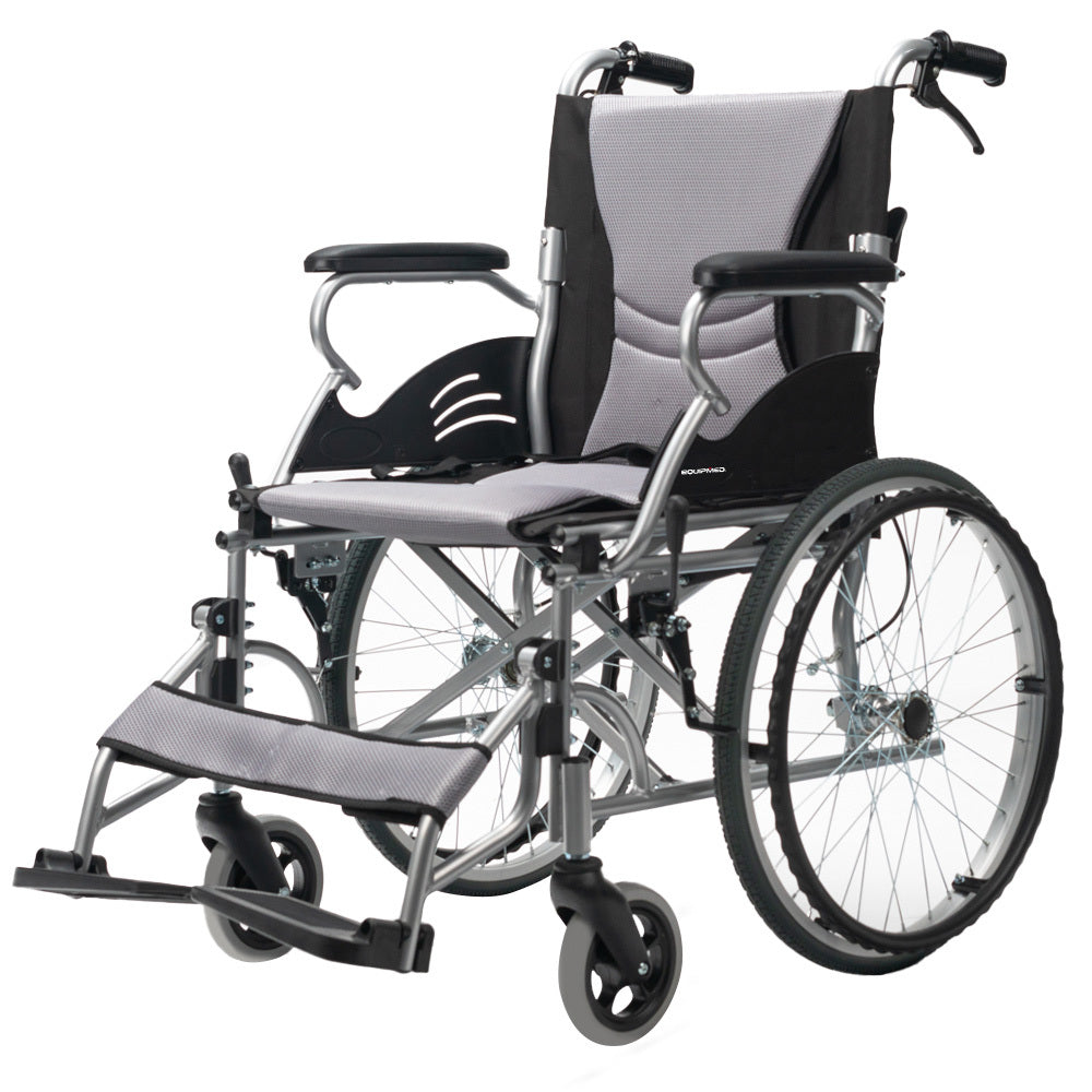 EQUIPMED Folding Aluminium Wheelchair, 20 Wheels, Park Brakes, 100kg Capacity, Grey/Black