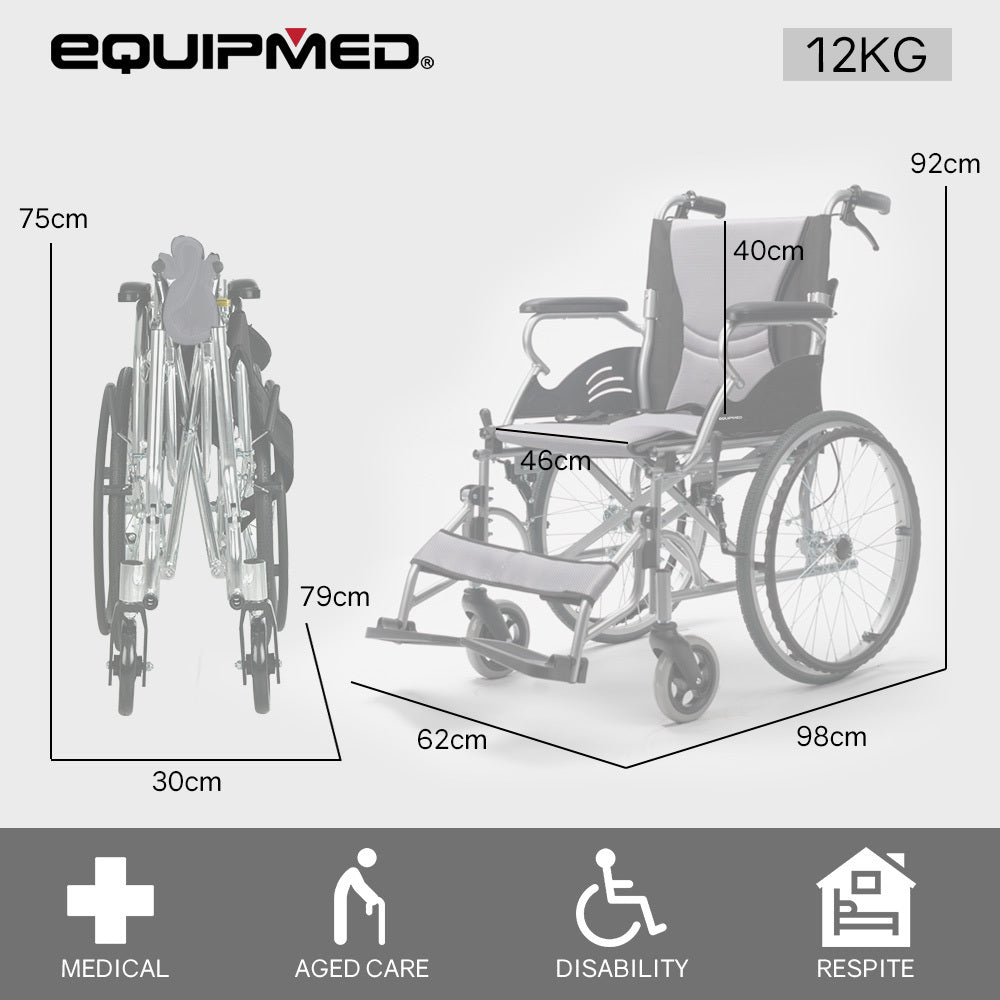 EQUIPMED Folding Aluminium Wheelchair, 20 Wheels, Park Brakes, 100kg Capacity, Grey/Black