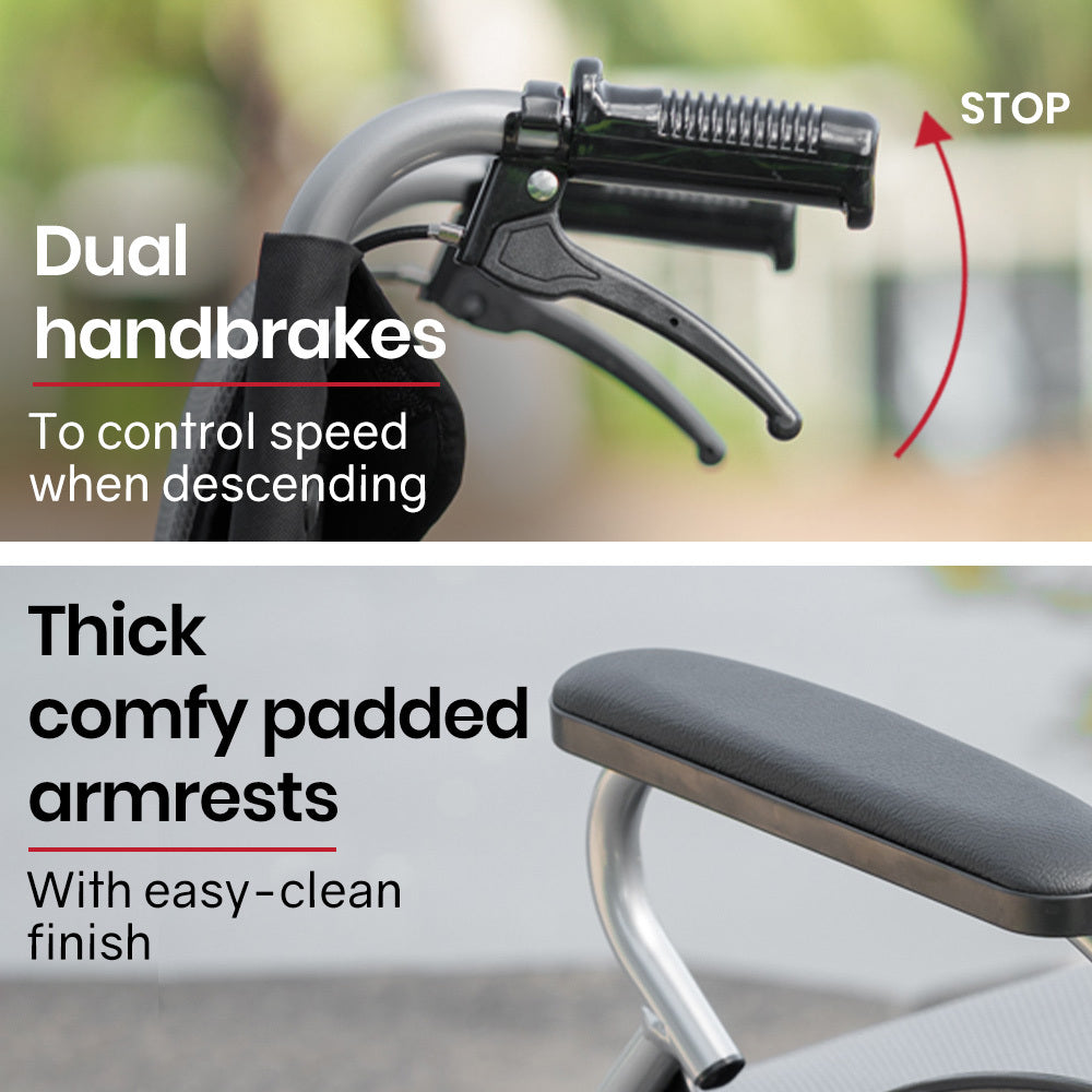 EQUIPMED Folding Aluminium Wheelchair, 20 Wheels, Park Brakes, 100kg Capacity, Grey/Black