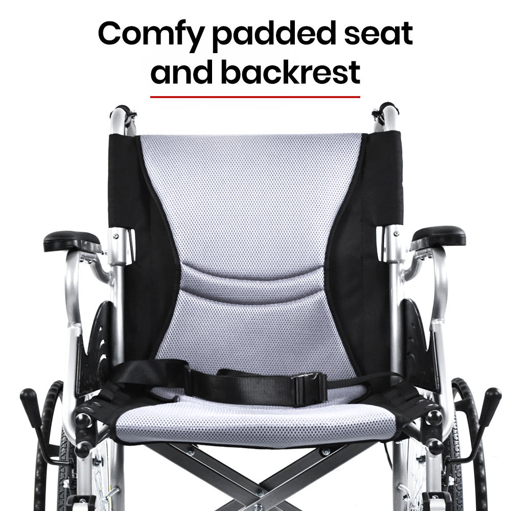 EQUIPMED Folding Aluminium Wheelchair, 20 Wheels, Park Brakes, 100kg Capacity, Grey/Black