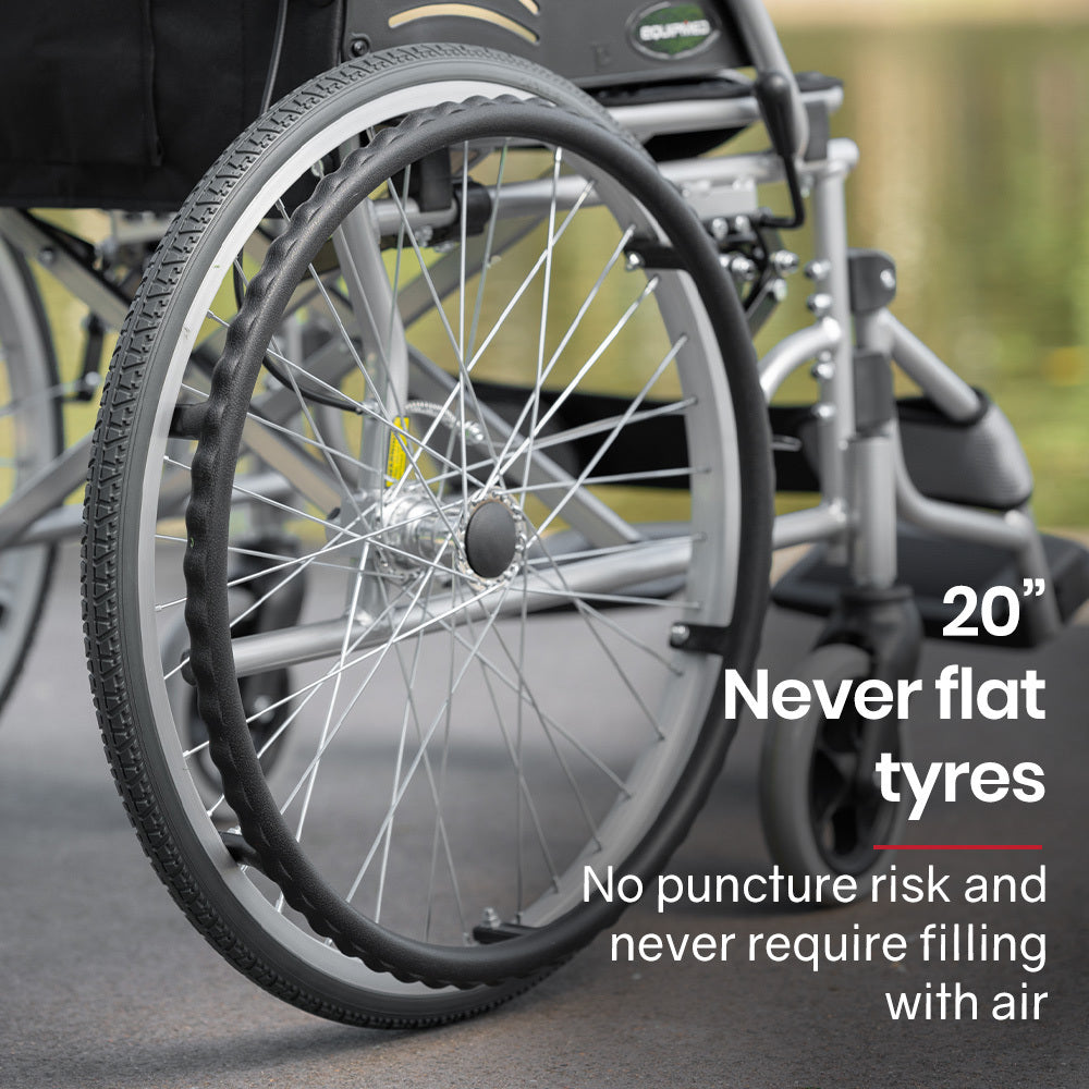 EQUIPMED Folding Aluminium Wheelchair, 20 Wheels, Park Brakes, 100kg Capacity, Grey/Black