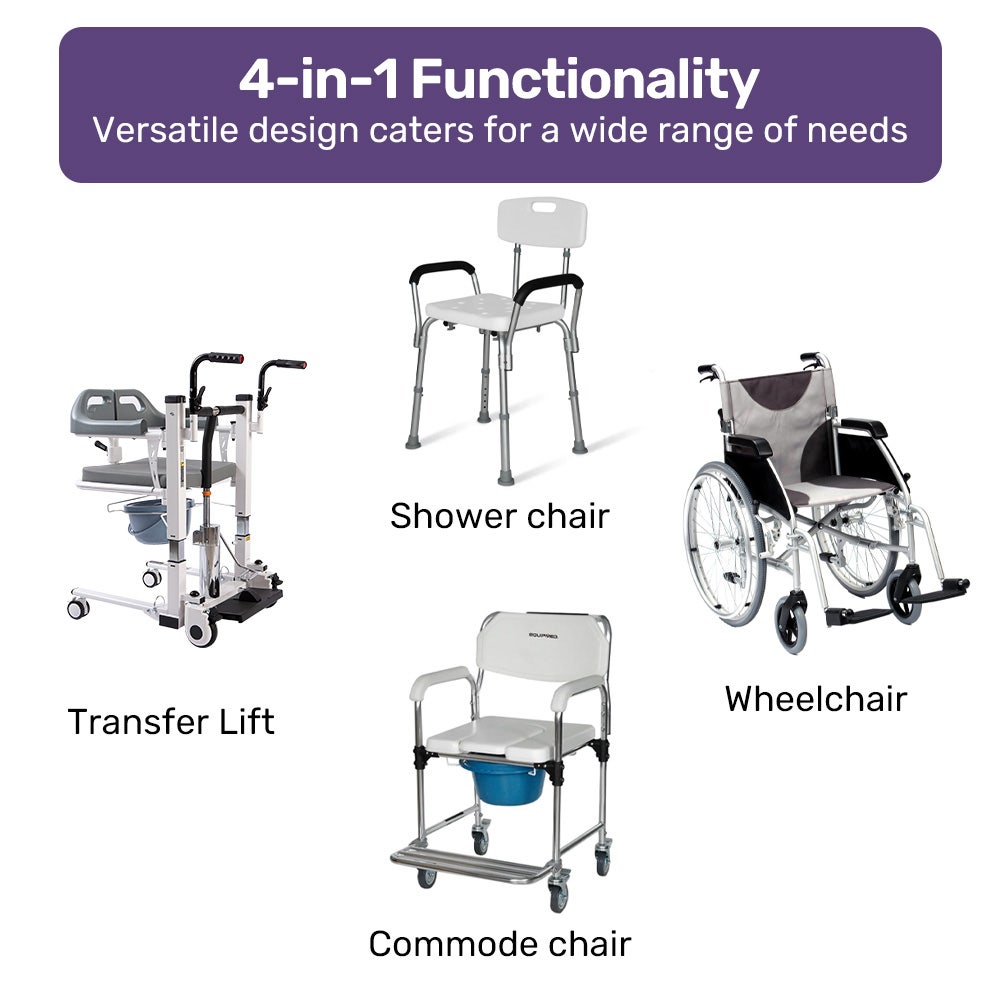 Equipmed Patient Lift Transfer Chair, Easy Hydraulic Height Adjustment, Shower Compatible, Over Toilet, Removable Commode, for Seniors Elderly Disabled