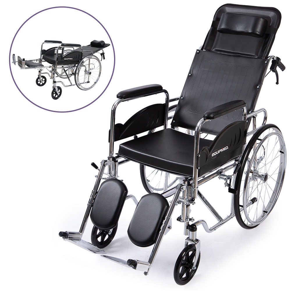 Equipmed Folding Manual Reclining Wheelchair Self Propelled, 24 Rear Wheels, Chrome Steel Frame, 46cm Wide Seat, 100kg Capacity, Park Brakes