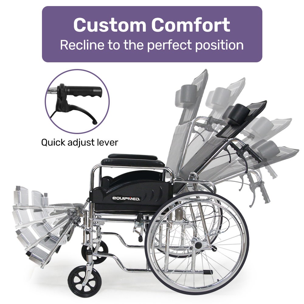 Equipmed Folding Manual Reclining Wheelchair Self Propelled, 24 Rear Wheels, Chrome Steel Frame, 46cm Wide Seat, 100kg Capacity, Park Brakes