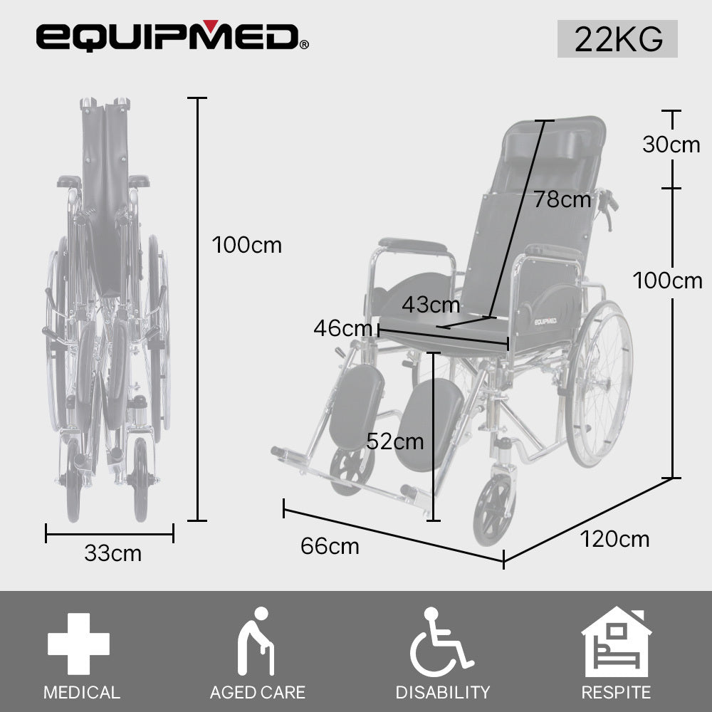 Equipmed Folding Manual Reclining Wheelchair Self Propelled, 24 Rear Wheels, Chrome Steel Frame, 46cm Wide Seat, 100kg Capacity, Park Brakes