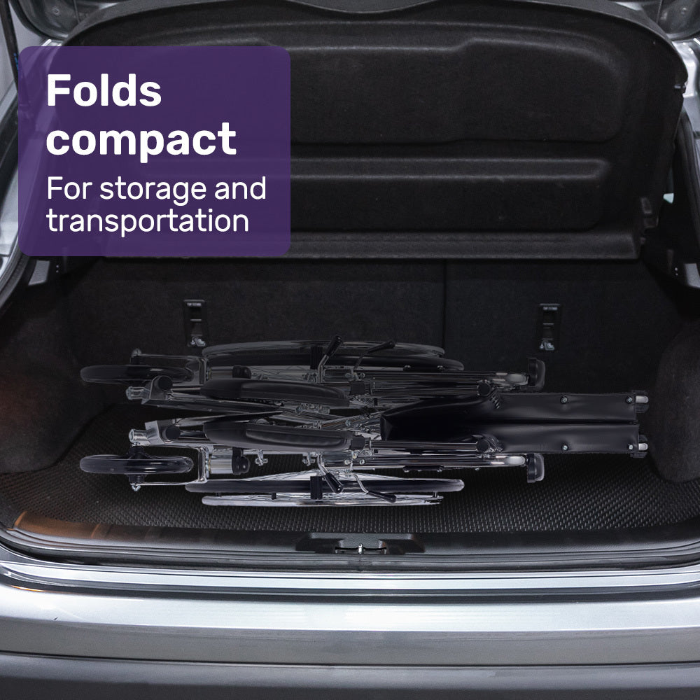 Equipmed Folding Manual Reclining Wheelchair Self Propelled, 24 Rear Wheels, Chrome Steel Frame, 46cm Wide Seat, 100kg Capacity, Park Brakes