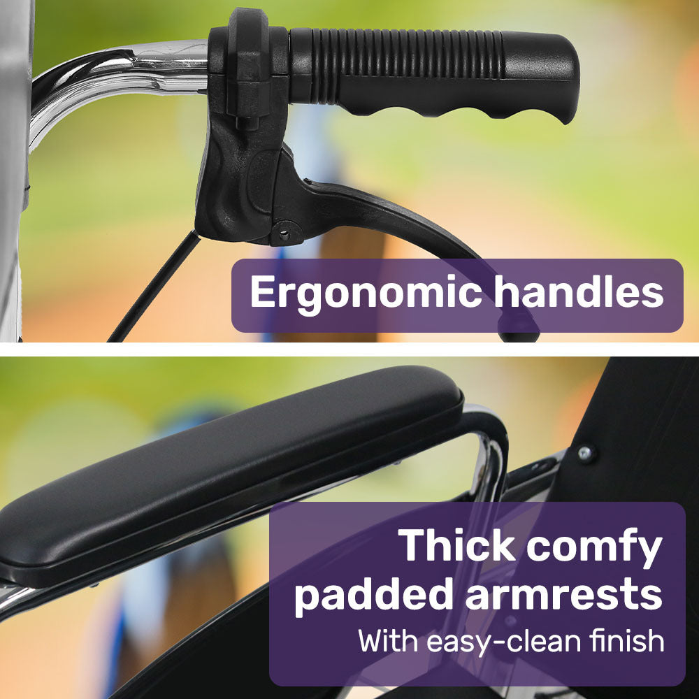 Equipmed Folding Manual Reclining Wheelchair Self Propelled, 24 Rear Wheels, Chrome Steel Frame, 46cm Wide Seat, 100kg Capacity, Park Brakes