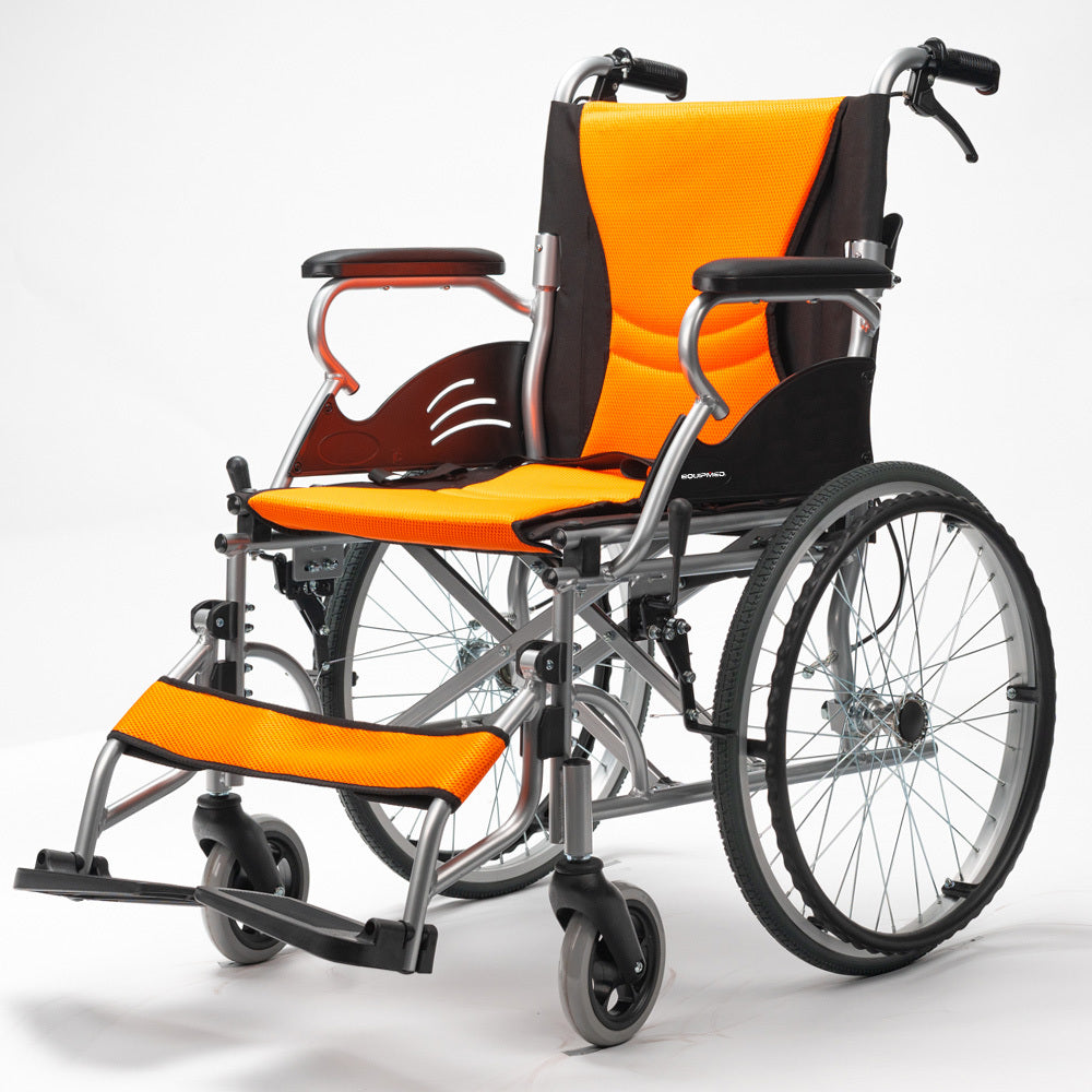 EQUIPMED Folding Aluminium Wheelchair, 20 Wheels, Park Brakes, 100kg Capacity, Orange