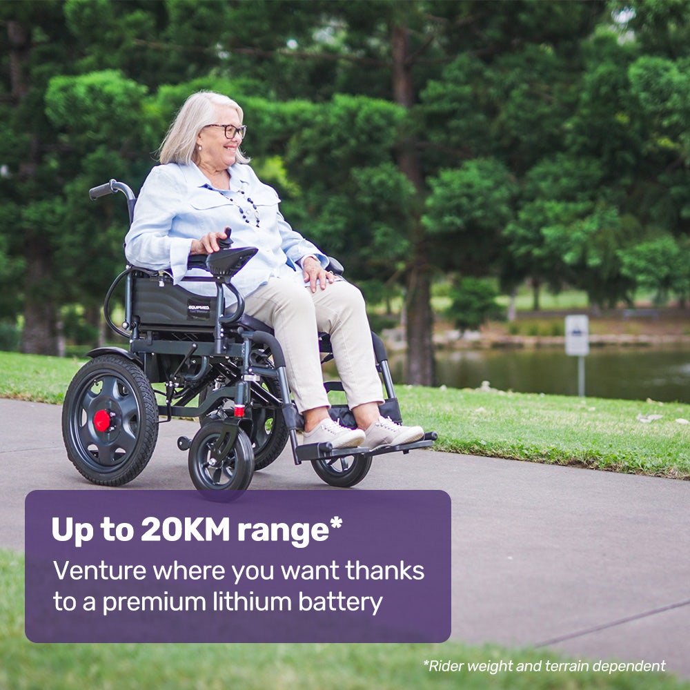 Equipmed Electric Folding Wheelchair, Wide Bariatric Chair Seat, Comfortable for S-XL, Long Range, Lithium Battery, Black/Grey