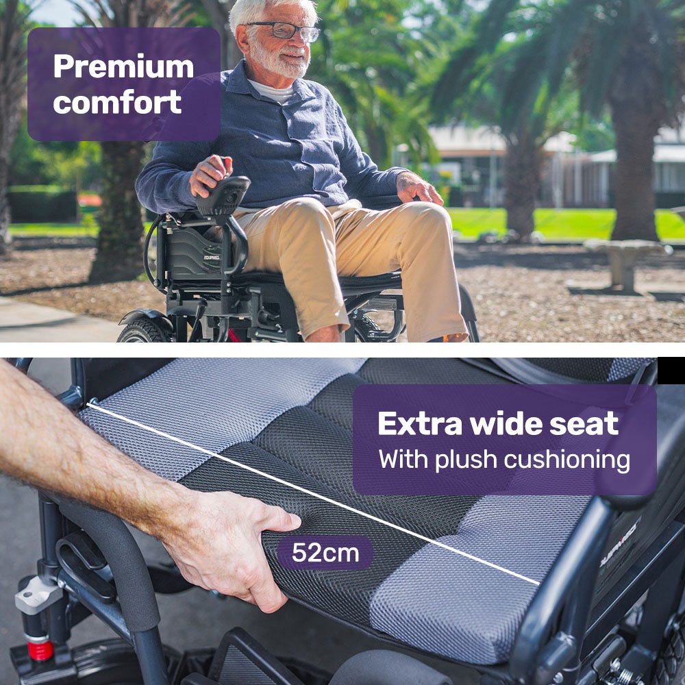 Equipmed Electric Folding Wheelchair, Wide Bariatric Chair Seat, Comfortable for S-XL, Long Range, Lithium Battery, Black/Grey